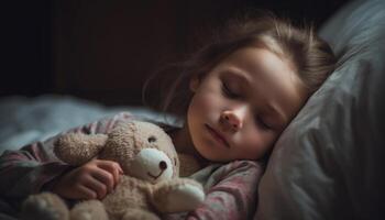 söt caucasian barn sovande med teddy Björn i bekväm sovrum genererad förbi ai foto