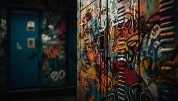 vibrerande graffiti mural skildrar stad liv med modern arkitektur design genererad förbi ai foto