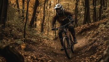berg cykling män hastighet genom skog på cyklar för äventyr genererad förbi ai foto