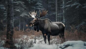 behornad manlig älg stående i snö täckt skog, majestätisk och lugn genererad förbi ai foto