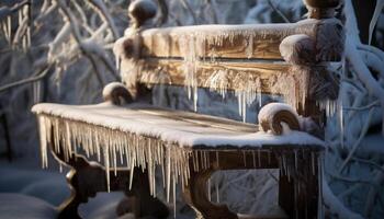 frostig vinter- skog gren, frysta i skön isig mönster genererad förbi ai foto