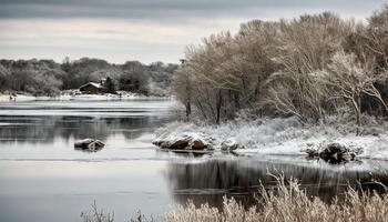 lugn vinter- landskap snö täckt träd, frysta damm, fredlig reflexion genererad förbi ai foto