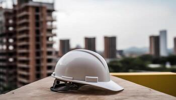 Hardhat skyddar konstruktion arbetstagare på farlig byggnad webbplats i stad genererad förbi ai foto
