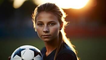 ung kvinna spelar fotboll på solnedgång med förtroende och bestämning genererad förbi ai foto
