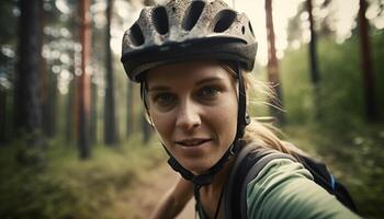 ung kvinna leende, berg cykling i skog, njuter friska livsstil genererad förbi ai foto