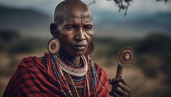 inhemsk kultur porträtt afrikansk etnicitet, traditionell Kläder, lantlig scen, fattigdom genererad förbi ai foto