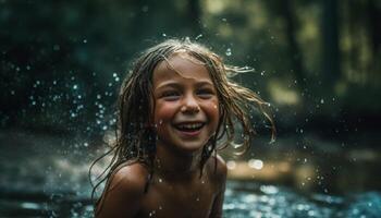 leende barn stänk i vatten, njuter sorglös sommar semester genererad förbi ai foto