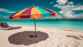 tropisk klimat, turkos vatten, gul paraply, avslappning på cancun strand genererad förbi ai foto