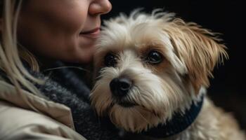 söt terrier valp Sammanträde utomhus, ser på leende ägare med kärlek genererad förbi ai foto