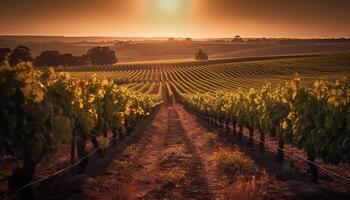 Sol kysste vingård i lugn napa dal, mogen vindruvor för vinframställning genererad förbi ai foto