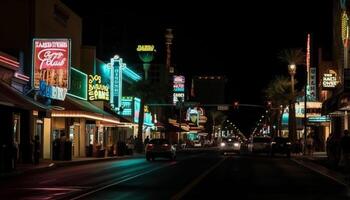 stad nattliv upplyst förbi neon lampor, trafik och gata tecken genererad förbi ai foto