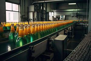 tappning linje av orange juice i flaskor på en transportband bälte, en dryck växt fabrik interiör se med en transportband systemet, ai genererad foto