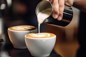 Barista häller mjölk in i en kopp av latte konst kaffe. en kaffe kopp i en stänga upp, hölls förbi en baristas hand och häller kaffe, ai genererad foto