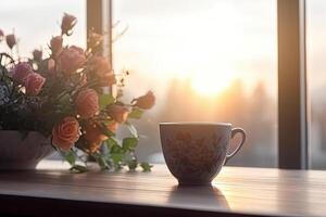 kaffe kopp och blommor på trä- tabell i främre av de fönster, en kopp av kaffe och en skön blomma vas med färsk blommar, ai genererad foto