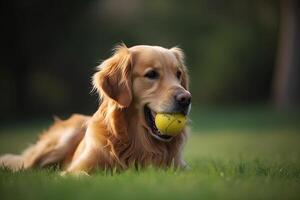 gyllene retriever spelar med en boll i de trädgård. selektiv fokus. ai genererad foto