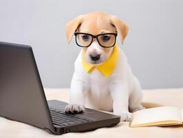 söt valp med glasögon i kontor. begrepp av sällskapsdjur officer, företag eller kontor timmar.ai genererad foto