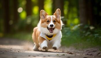 löpning corgi hund på dammig gata. främre view.ai genererad foto