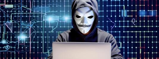 hacker med luvtröja. begrepp av mörk webb, Cyber brott, Cyber attack. ai genererad bild foto