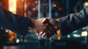 två affärsman handslag för lagarbete med partner till firande partnerskap och företag handla begrepp. framgångsrik affärsmän handskakning efter Bra handla. ai genererad foto