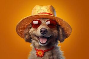 Lycklig valp hund porträtt bär sommar solglasögon och ser på kamera isolerat på orange lutning studio bakgrund. ai genererad foto