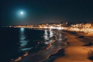 antenn Foto från Drönare av skön stad och de strand på natt , ai generativ