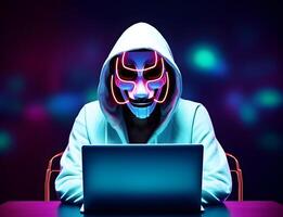 anonym hacker med luvtröja. begrepp av dataintrång Cybersäkerhet, Cyber brott, Cyber attack, etc. ai genererad foto