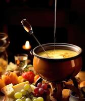 ost fondue med fondue uppsättning, Krutong av bröd och många ost, ai genererad foto