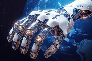 robot hand innehar planet klot. generativ ai foto