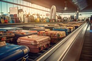 resväskor på bagage transportband bälte på flygplats terminal. generativ ai foto