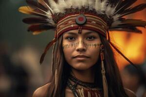 porträtt av inhemsk stam kvinna. inföding amerikan människor. generativ ai foto