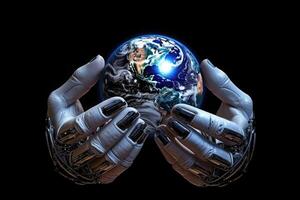 robot hand innehar planet klot. generativ ai foto