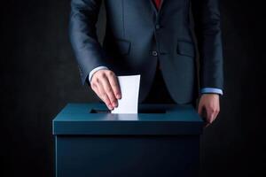 väljare hand sätta i bulletin i röstning låda. val begrepp. generativ ai foto