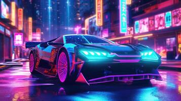 trogen sport bil med neon lampor på cyberpunk stad gata. generativ ai foto