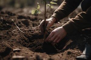 plantering träd i jord. arbete i trädgård. generativ ai foto