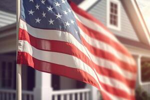 USA flagga på hörn av levande hus. symbol av patriotism. generativ ai foto