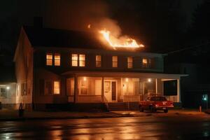 brinnande hus i de natt. bostads- hus i brand. generativ ai foto