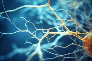 nervcell celler med lysande anslutningar på abstrakt bakgrund. generativ ai foto