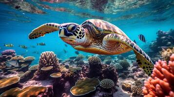 sköldpadda under vattnet. illustration ai generativ foto