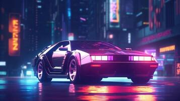 trogen sport bil med neon lampor på cyberpunk stad gata. generativ ai foto