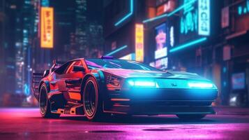 trogen sport bil med neon lampor på cyberpunk stad gata. generativ ai foto