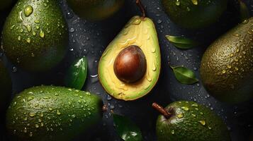 generativ ai, makro färsk saftig halv och hela av grön avokado frukt bakgrund som mönster. närbild Foto med droppar av vatten
