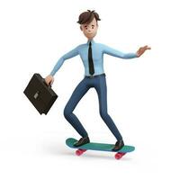 3d företag man med en portfölj ridning en skateboard. porträtt av en rolig tecknad serie kille i en skjorta och slips. karaktär chef, direktör, ombud, fastighetsmäklare. 3d illustration på vit bakgrund. foto