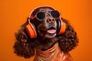 cockerspaniel spaniel hund som disko dansa diva skraj musik 70s sjuttiotalet illustration generativ ai foto