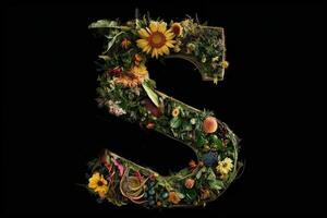 s alfabet brev tillverkad ut av löv växter och blommor isolerat på svart bakgrund illustration generativ ai foto