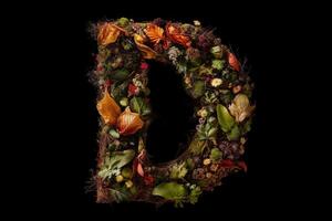 d alfabet brev tillverkad ut av löv växter och blommor isolerat på svart bakgrund illustration generativ ai foto