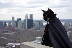 katt maskerad vigilante superhjälte, bär en svart cape och kåpa, uppflugen på en person med groteskt ansikte och utsikt de stad horisont, tecknad serie illustration generativ ai foto