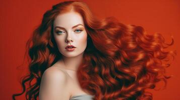 lång röd lockigt hår flicka. illustration ai generativ foto