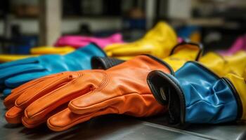 skyddande läder arbete handskar för män i blå och gul genererad förbi ai foto