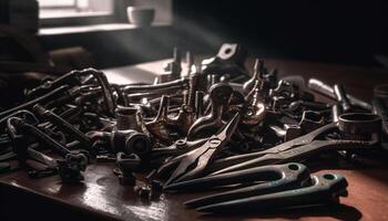 metall och stål arbete verktyg i en snickare verkstad samling genererad förbi ai foto