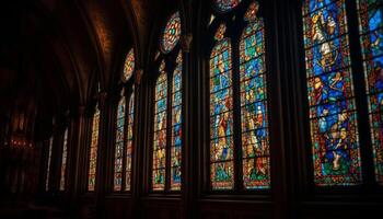 gotik arkitektur, färgade glas, och andlighet belysa cologne känd katedral genererad förbi ai foto